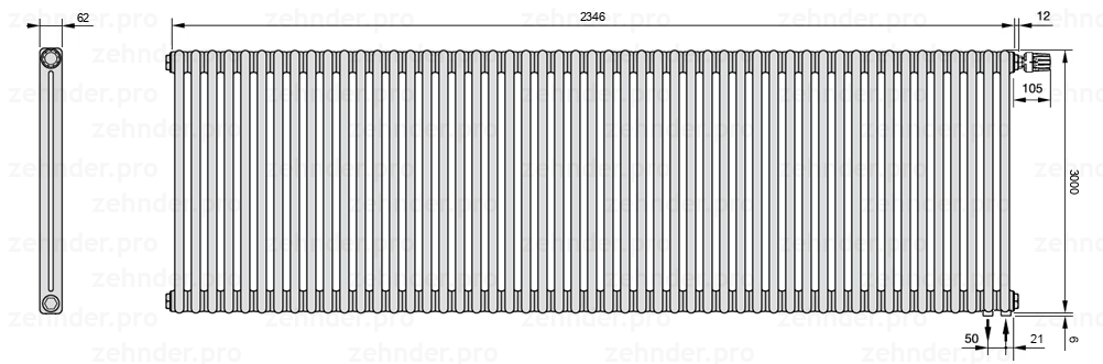 Схема (чертеж) Радиатор Zehnder Charleston 2300/51 №V002 Белый глянцевый RAL 9016
